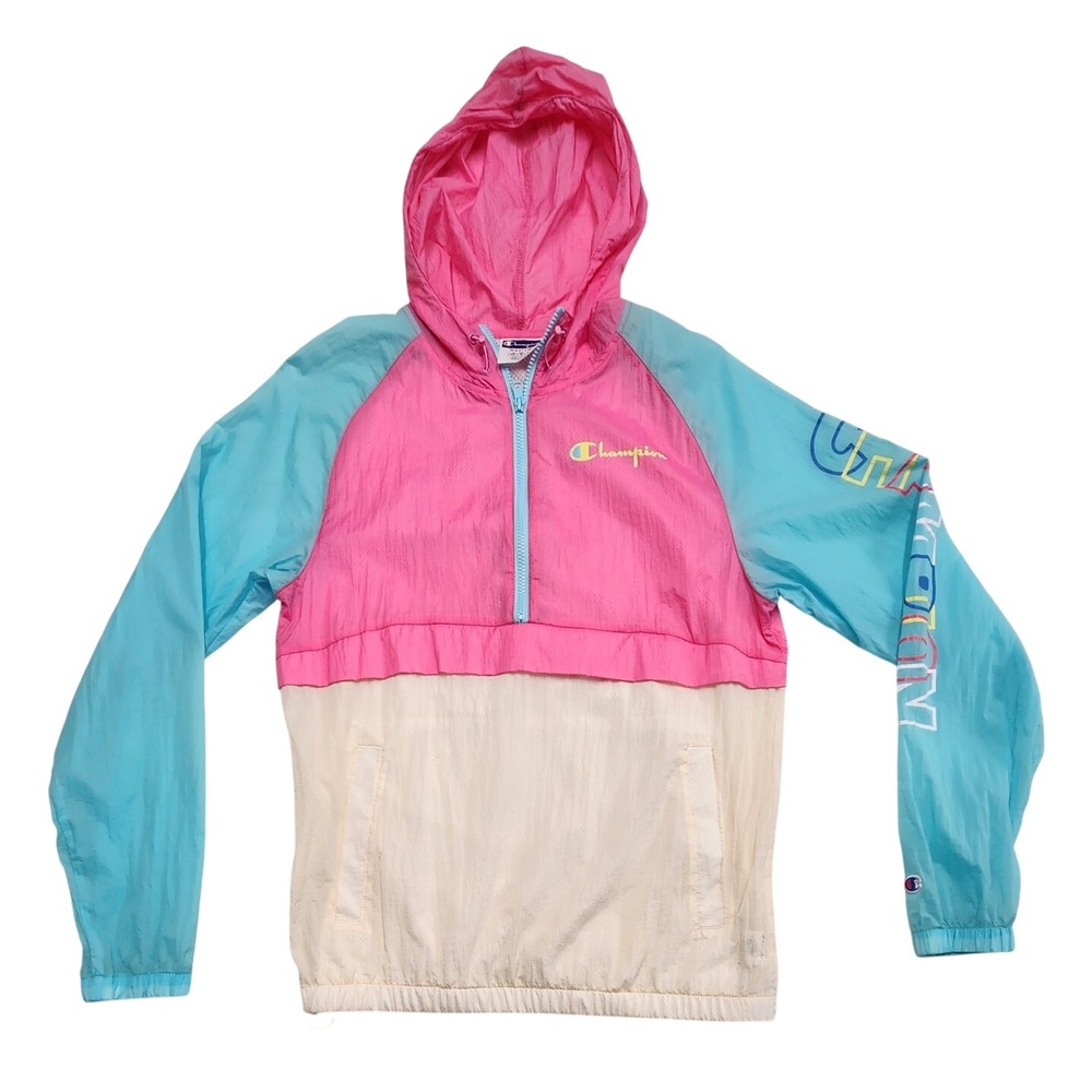 Champion Windbreaker Jacket Colorblock Quarter Zip Pink Blue Womens Medium Y2K